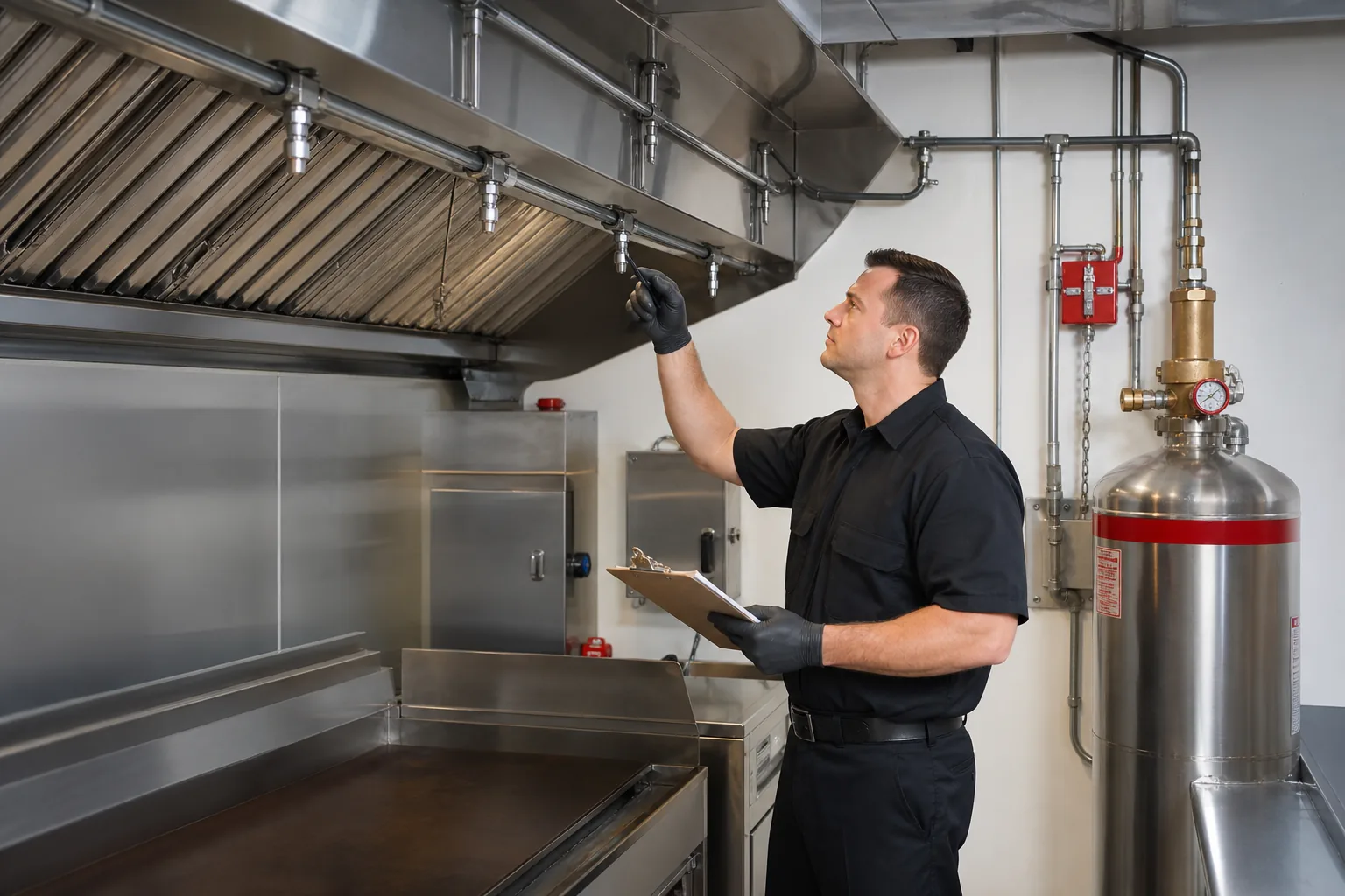 Technician inspecting a commercial kitchen wet-chemical suppression system