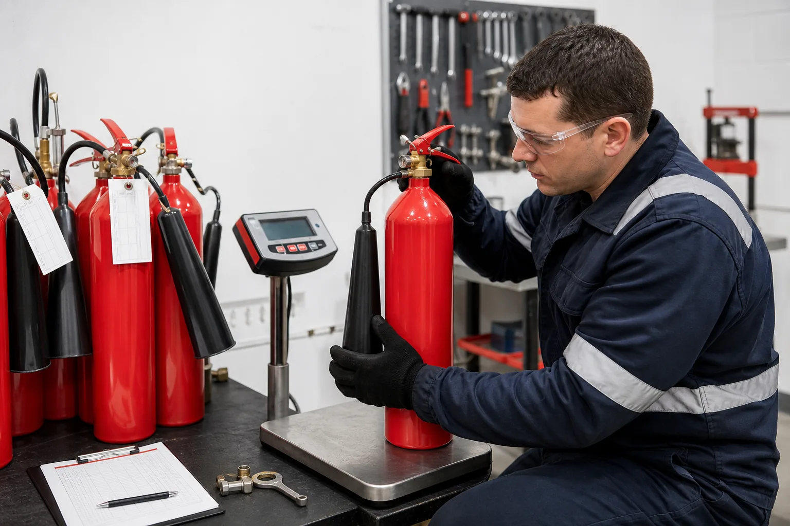 Technician inspecting and weighing CO2 fire extinguishers with black discharge horns