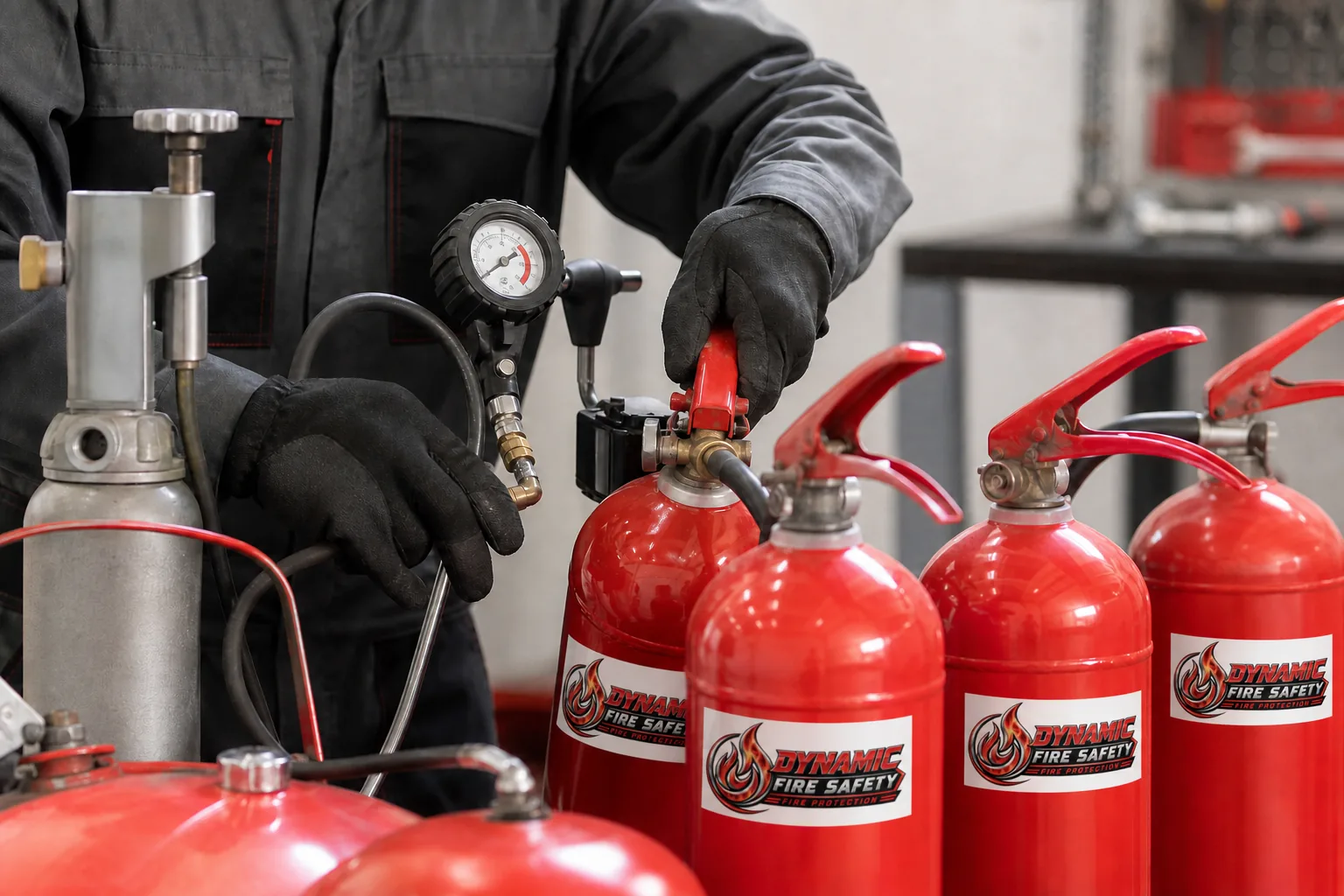 Commercial fire extinguishers ready for service