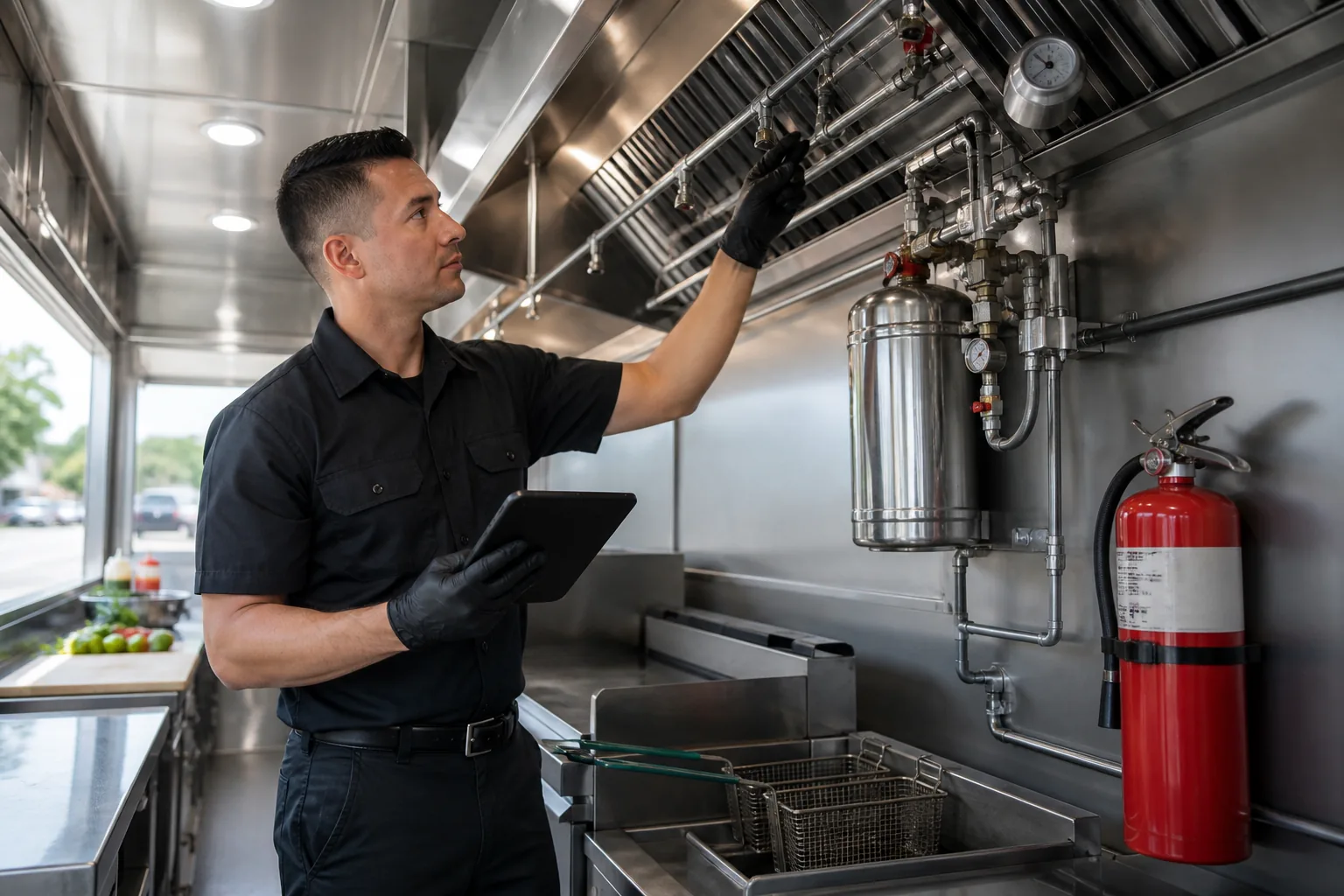 Fire-safety technician inspecting a taco truck kitchen suppression system